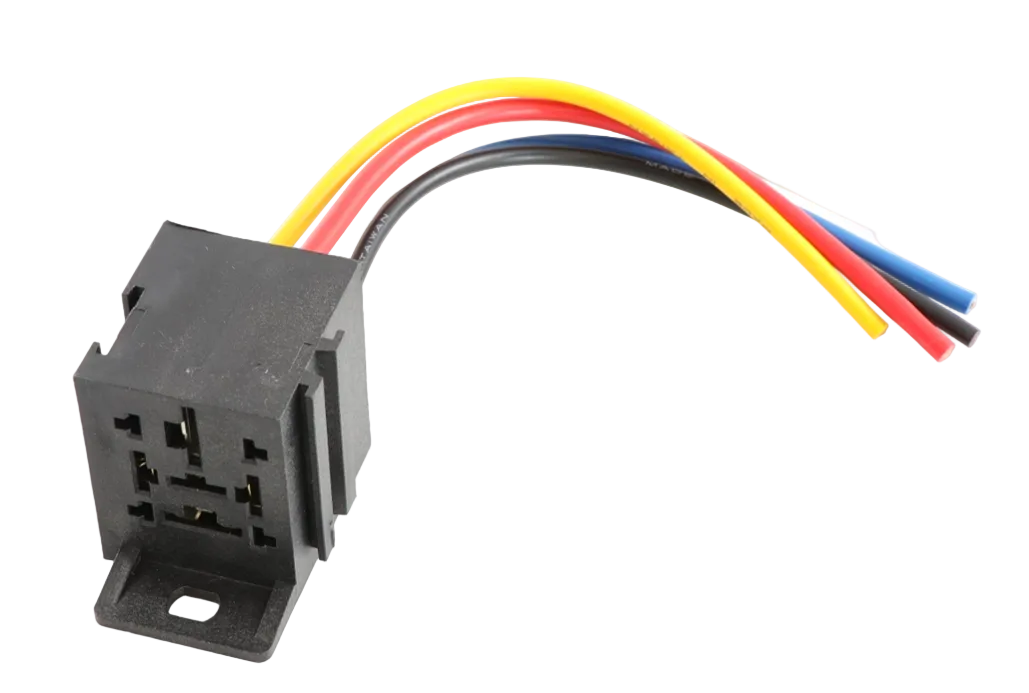 Advance Truck Parts USA WR51013 relay female socket connector showing a clean studio view of the 5-pin black housing with mounting tab and multi-colored wire leads on a plain white background