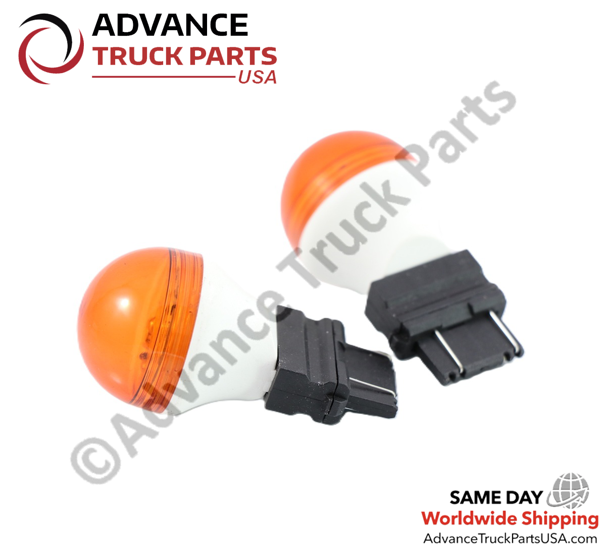 Brightest fan-less amber turn signal LED headlight bulbs by WSI Electronics displaying a studio perspective of two LED bulbs on a branded background