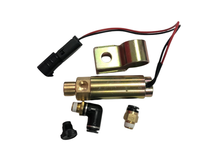 Advance Truck Parts USA WTK0127 air solenoid valve kit showing a studio view of the brass solenoid valve, mounting bracket, electrical connector wires, fittings, and vent plug