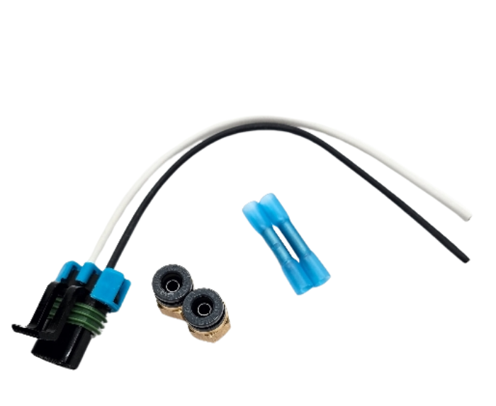 Advance Truck Parts USA solenoid valve service kit WTK0131 W091097 showing a studio perspective of the pigtail connector, DOT quick connect fittings, and heat shrink butt connectors