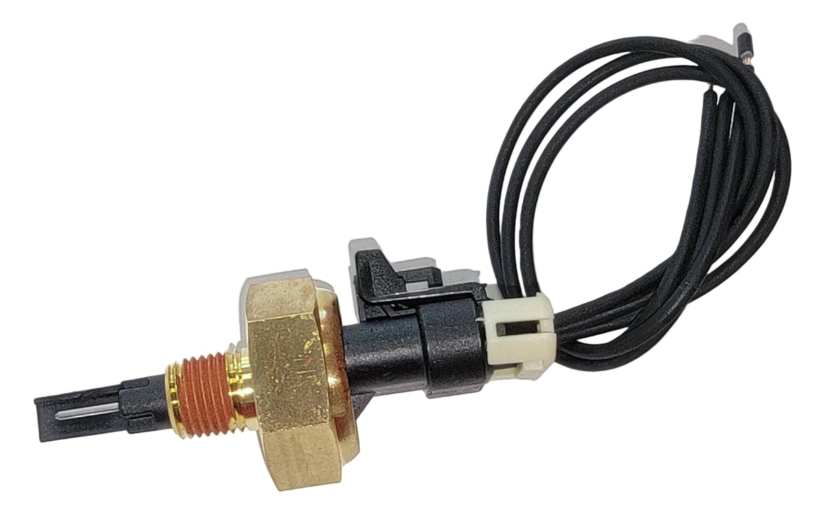 Advance Truck Parts USA 0200-GG3-008 HD coolant level sensor with pigtail showing a close-up studio perspective of the brass threaded fitting, sensor probe, and connected wiring harness