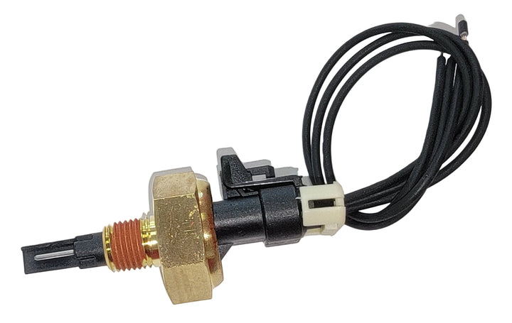 Advance Truck Parts USA 0200-GG3-008 HD coolant level sensor with pigtail showing a close-up studio perspective of the brass threaded fitting, sensor probe, and connected wiring harness