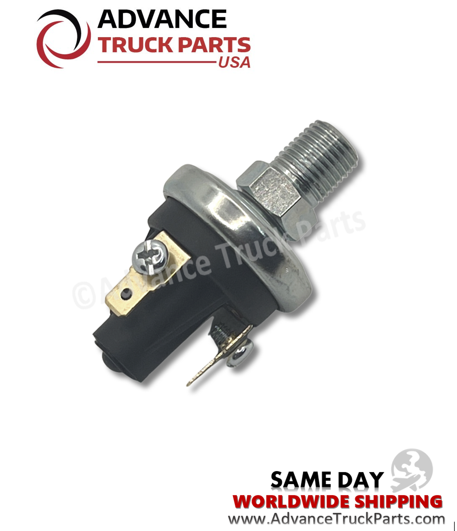 0C3025 ATP oil pressure switch for Generac featuring threaded fitting and dual spade/screw connectors on an Advance Truck Parts USA branded background