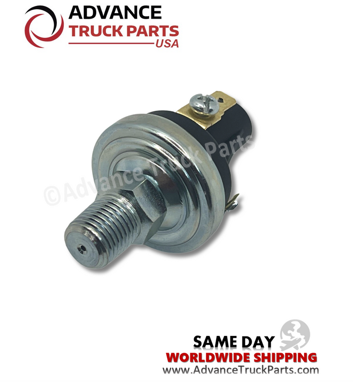 Advance Truck Parts USA 0l2917C Generac oil pressure switch showing a close-up studio perspective of the threaded NPT fitting, metal housing, and top screw terminal