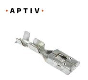 Advance Truck Parts USA 10757690-L female 2.8 tin plated terminal showing a clean studio view of the Aptiv branding, crimp wings, and tin-plated socket body on a plain white background
