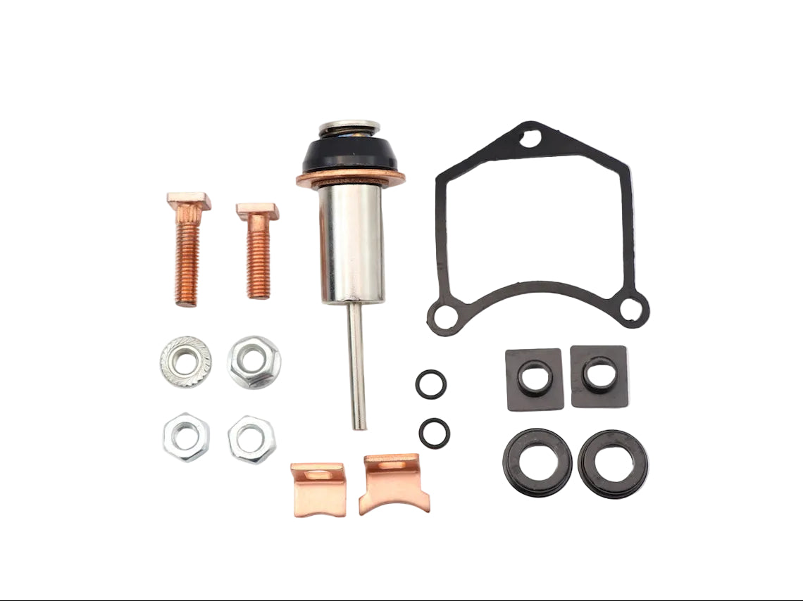 Advance Truck Parts USA 128000-7300 7301228000-7110 228000-7111 John Deere tractor starter solenoid repair kit showing a clean studio flat-lay view of the plunger, contacts, gasket, and mounting hardware on a plain white background 