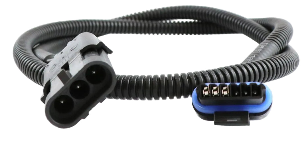 Advance Truck Parts USA 131970 throttle position sensor harness showing a clean studio view of the black corrugated wire sleeve, 3-pin connector, and 6-pin blue-sealed connector on a plain white background