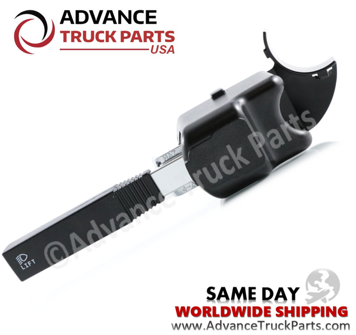 Advance Truck Parts USA 1481177 Freightliner FLD turn signal switch showcasing the black handle with headlight lift icon, chrome shaft, and black mounting base