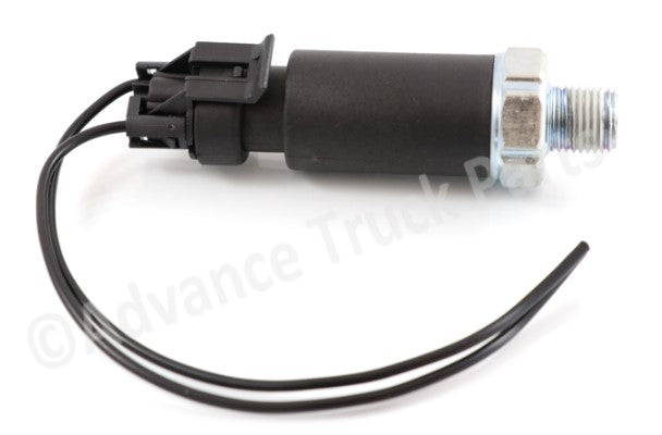 Advance Truck Parts USA 15955710 PS240 oil pressure switch assembly with threaded metal port, black polymer body, connected pigtail harness, and dual wire leads