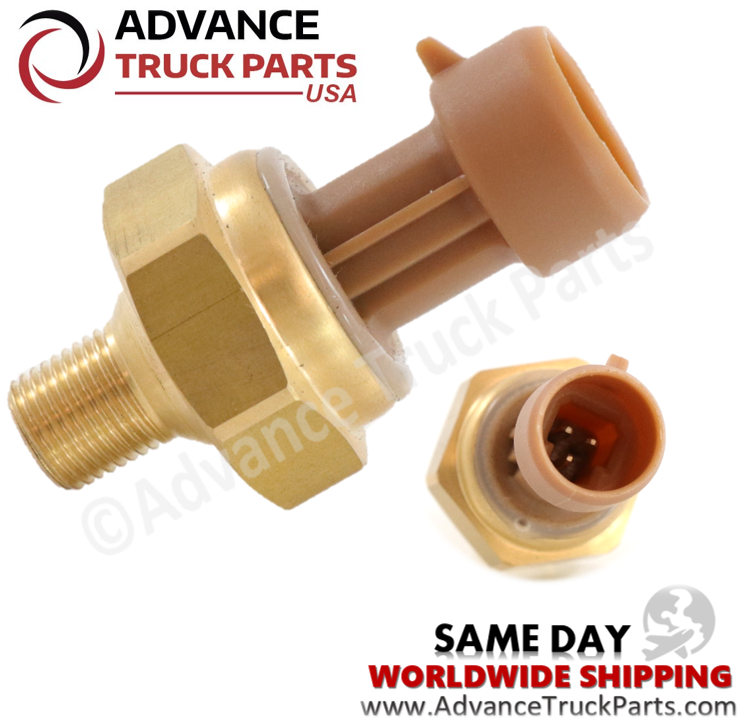 Advance Truck Parts USA 1850351C1 engine pressure sensor for International and Cummins engines showcasing a side profile of the threaded brass base alongside a direct view into the tan plastic electrical connector housing with visible terminal pins