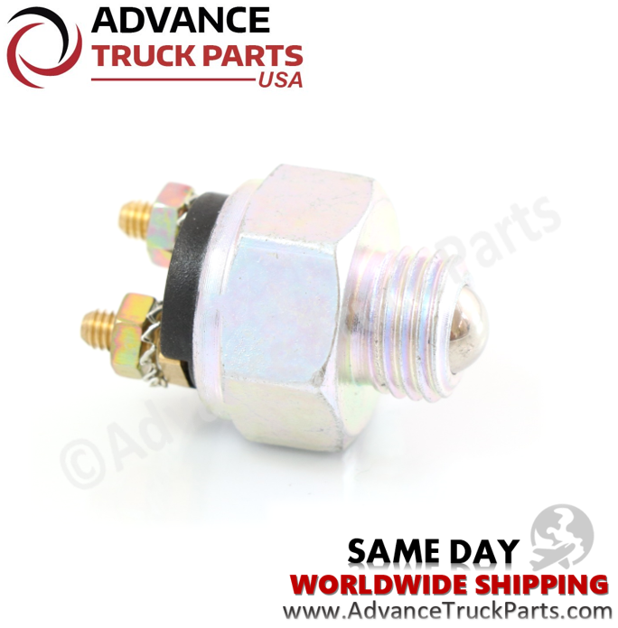 Advance Truck Parts USA 1MR2297 back-up reverse light switch featuring a threaded body, ball actuator tip, and dual stud terminals