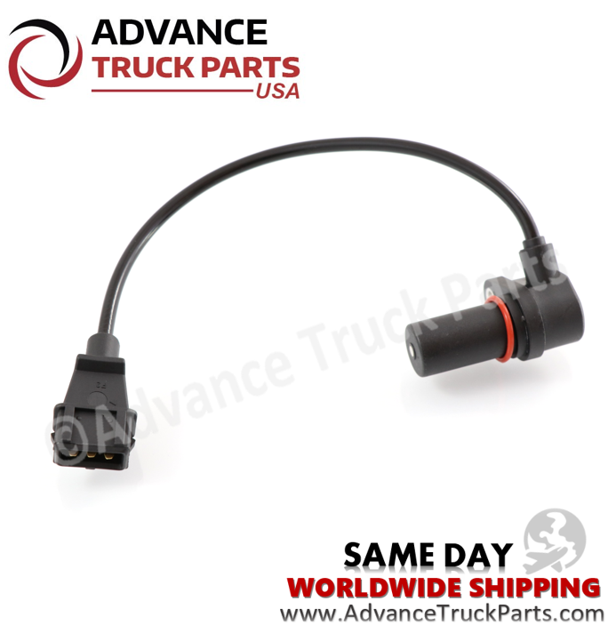 Advance Truck Parts USA 20706327 Volvo timing cover bell housing speed sensor showing a studio perspective of the sensor tip, red O-ring seal, and wire harness plug