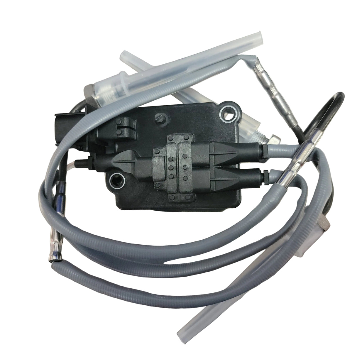 Advance Truck Parts USA 2129818PE Cummins temperature sensor assembly featuring control module, multi-lead wire harness, and threaded sensor probes with protective sleeves