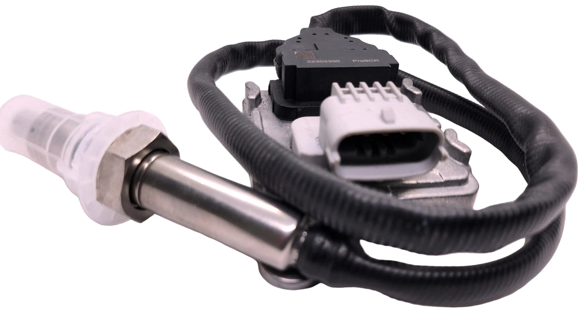 Advance Truck Parts USA 21479638 Freightliner Detroit Diesel NOx sensor showing a clean studio perspective of the control module, wire harness, and sensor probe