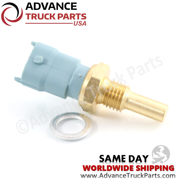 Advance Truck Parts USA 21531072 heavy duty temperature sensor showing a close-up studio perspective of the brass threaded fitting, probe, and sealing washer