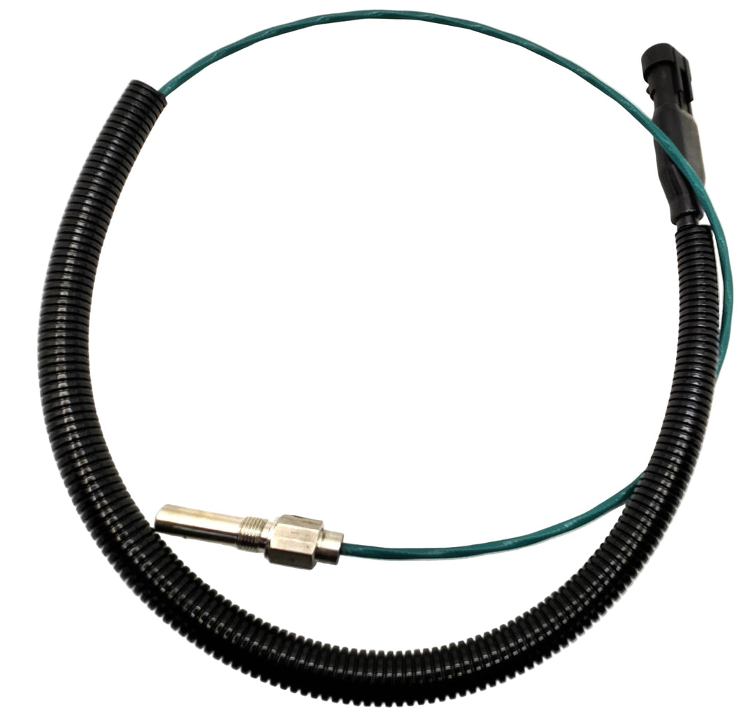 Advance Truck Parts USA 23531531 DDE speed sensor featuring a threaded metal probe, green wire lead protected by a black convoluted loom, and an oval connector on a plain background