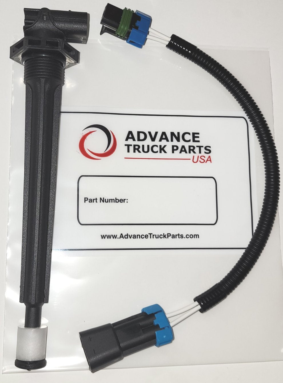 Advance Truck Parts USA 23541318 coolant level sensor for Mack and Volvo featuring a long vertical probe, mounting threads, and connected harness with multi-pin plugs