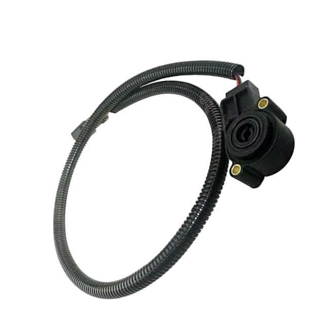 266-1466 ATP throttle position sensor for CAT featuring a black sensor housing with mounting holes and a protective wire loom harness on a plain background