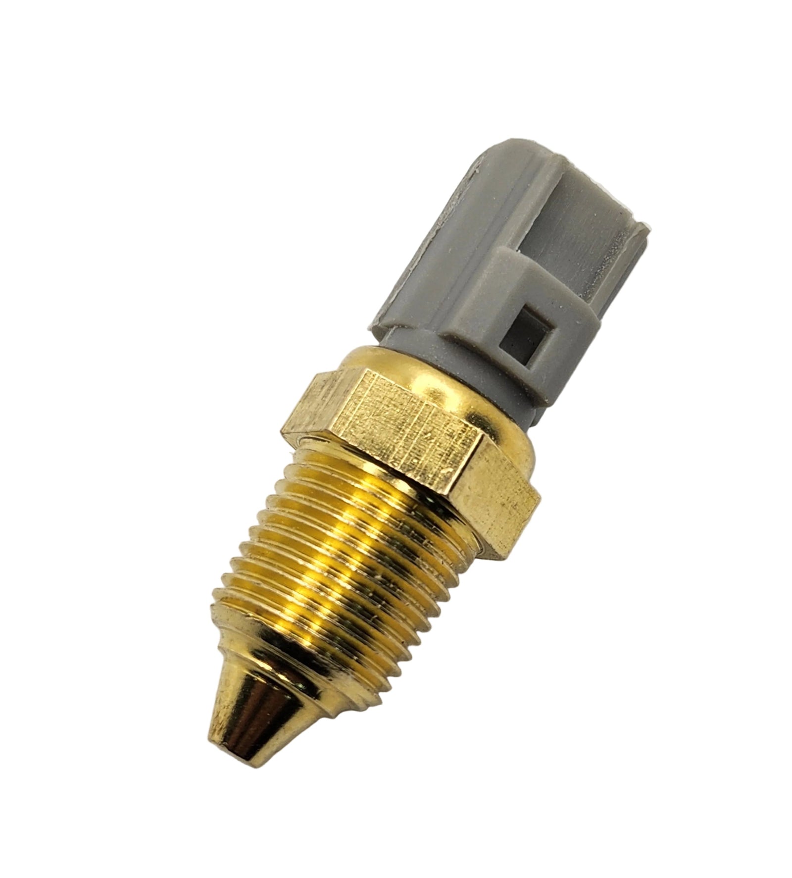 Advance Truck Parts 3803848C1 Cummins temperature sensor showing a clean angled studio view of the threaded brass body, sensor tip, and gray electrical connector on a plain white background