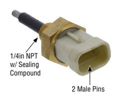 Advance Truck Parts USA 4019236C3 coolant level sensor for International Navistar showcasing an annotated view highlighting the 1/4 inch NPT threads with sealing compound and the 2 male pins inside the connector
