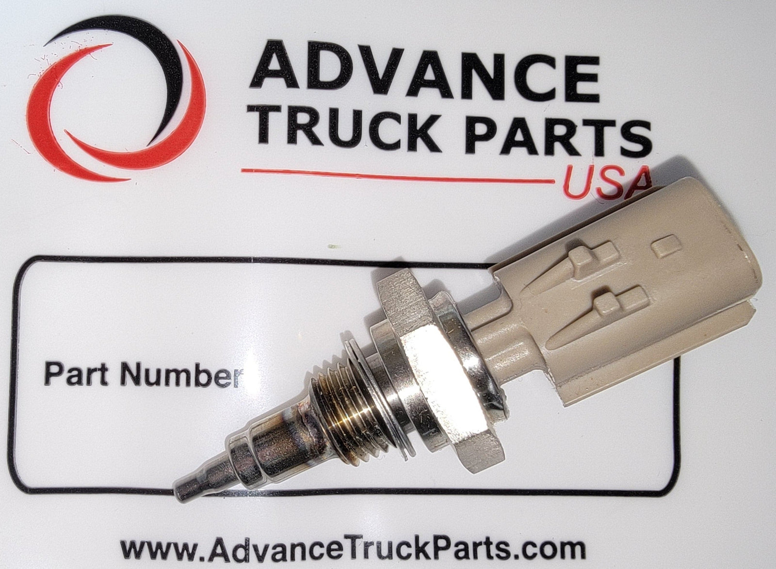 Advance Truck Parts USA 4088712 Cummins genuine exhaust temperature sensor showing a close-up studio perspective of the threaded metal fitting, silver grey connector, and probe tip