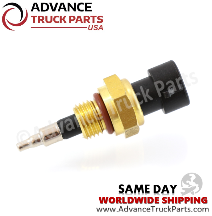 Advance Truck Parts USA 4088832 Cummins heavy duty temperature sensor showing a close-up studio perspective of the brass threaded fitting, orange O-ring, and extended probe tip