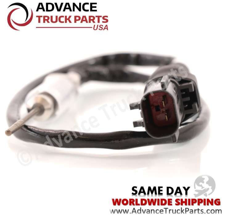 Advance Truck Parts USA 4902912 Cummins exhaust gas temperature sensor showing a close-up studio perspective of the 2-pin electrical connector and wire lead