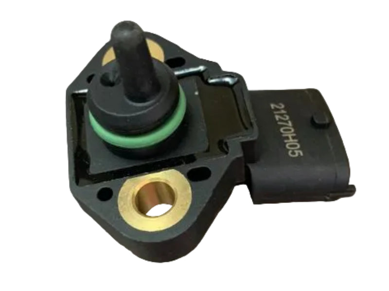 Advance Truck Parts USA 504358206 Case New Holland oil temperature and pressure sensor showing an angled view of the black housing, green O-ring seal, and mounting base on a plain white background