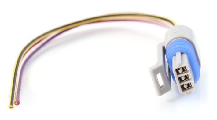 Advance Truck Parts USA ATP 5394440 3-pin pigtail connector showing the gray housing, blue weather seal, locking clip, and wiring harness