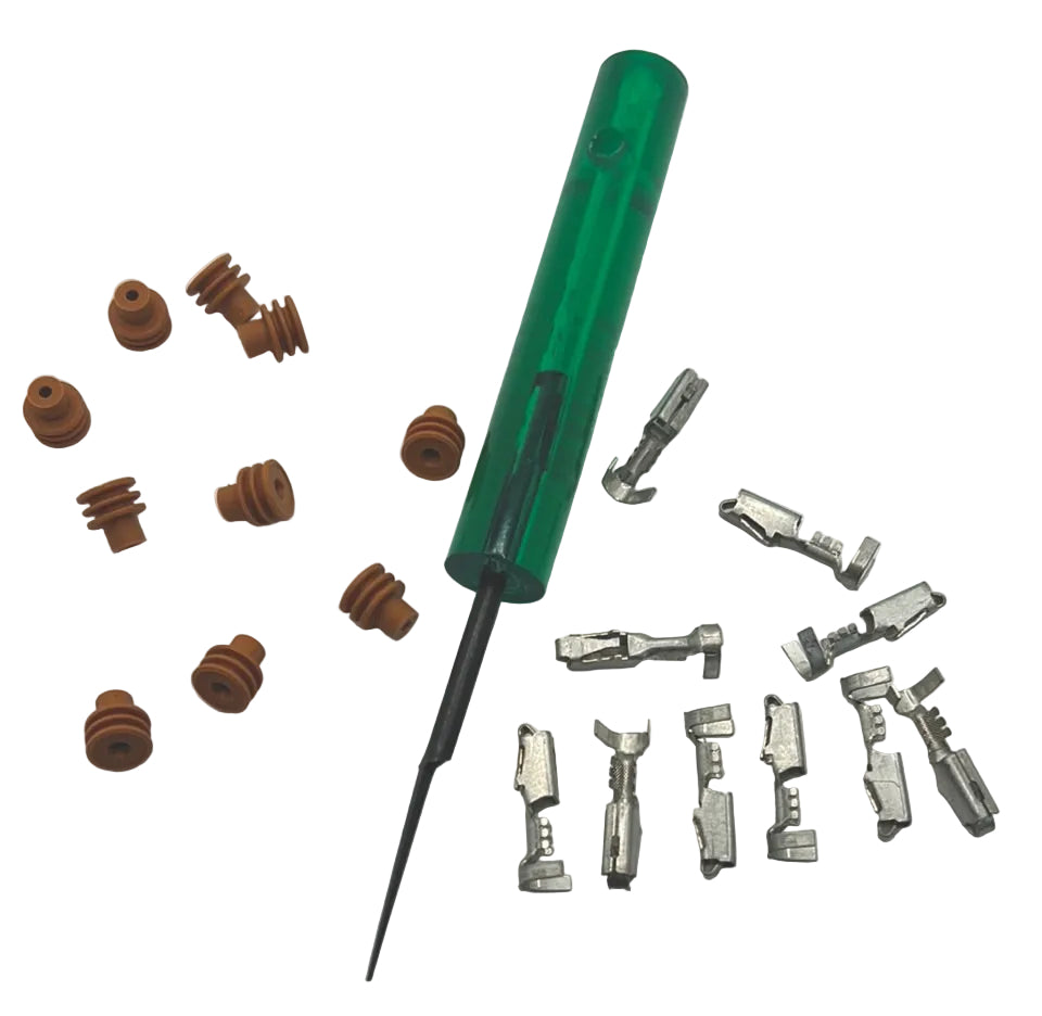 Advance Truck Parts USA 5395297 Cummins connector repair kit showing a clean studio view of the terminal removal tool, rubber seals, and metal connector pins on a plain white background