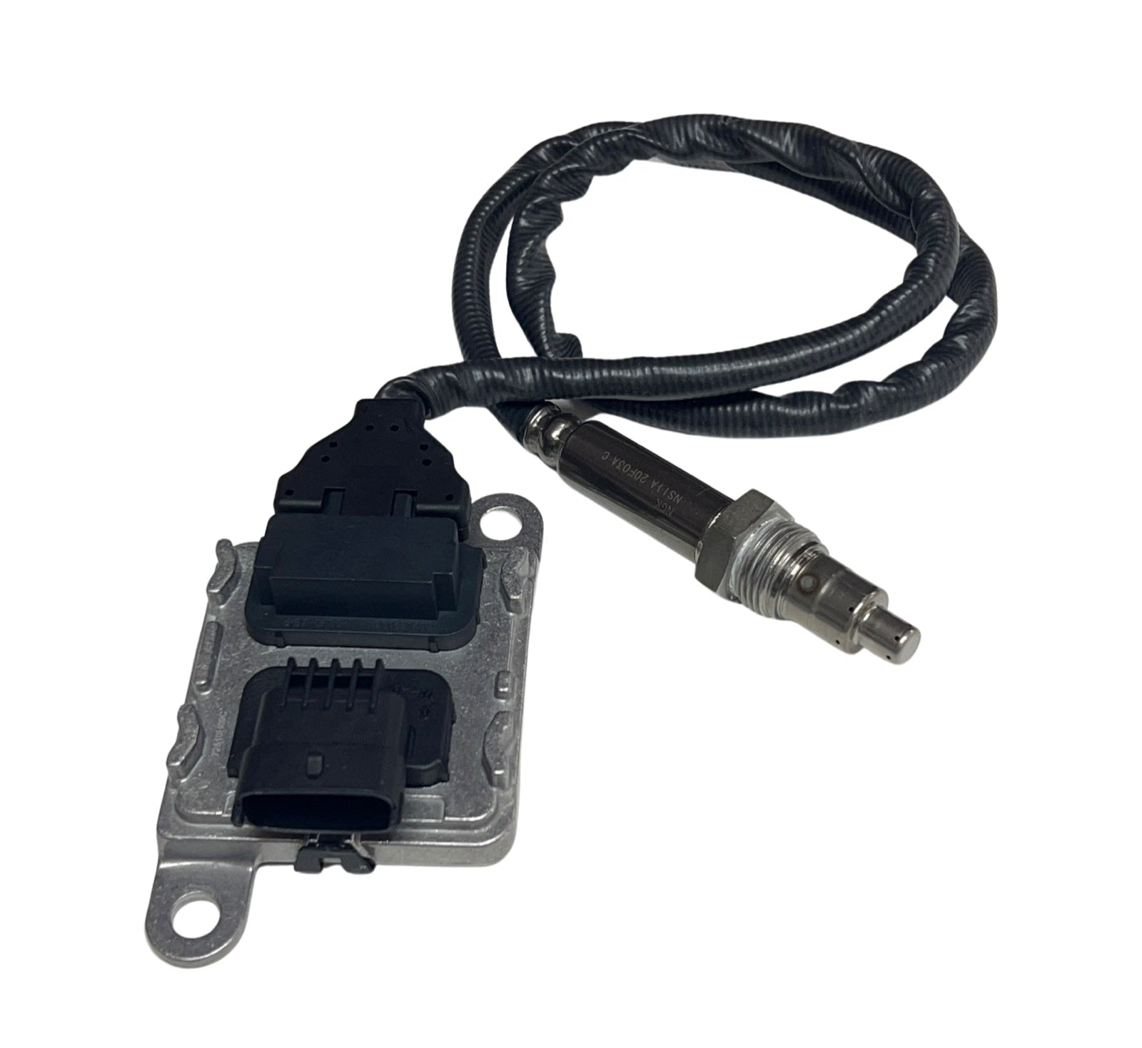 Advance Truck Parts USA 5WK97366 Freightliner Detroit Diesel nitrogen oxide sensor showing a close-up studio perspective of the electronic control unit, wiring loom, and threaded probe tip
