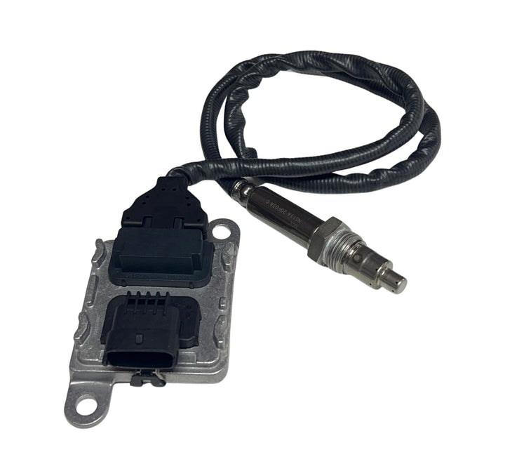 Advance Truck Parts USA 5WK97366 Freightliner Detroit Diesel nitrogen oxide sensor showing a close-up studio perspective of the electronic control unit, wiring loom, and threaded probe tip