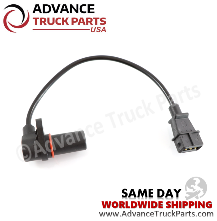 Advance Truck Parts USA 64MT348M Volvo Mack timing cover bell housing speed sensor showing a studio perspective of the sensor body, wiring lead, and connector plug
