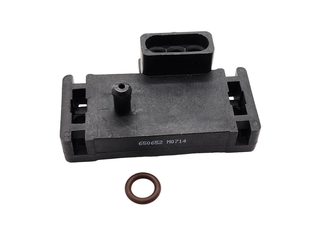 Advance Truck Parts USA 650652 MAP turbo boost pressure sensor showing the black rectangular housing, 3-pin connector receptacle, pressure port, and included brown O-ring