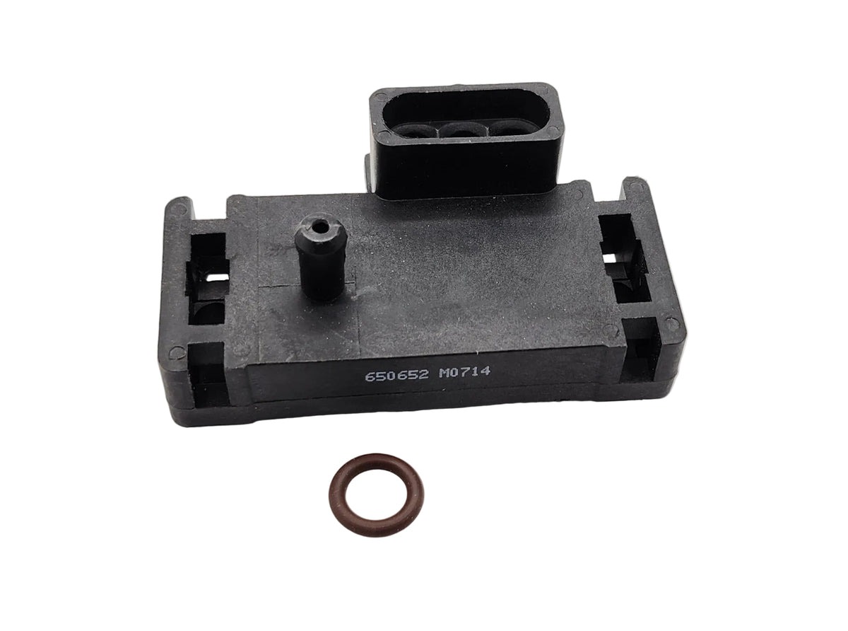 Advance Truck Parts USA 650652 MAP turbo boost pressure sensor showing the black rectangular housing, 3-pin connector receptacle, pressure port, and included brown O-ring