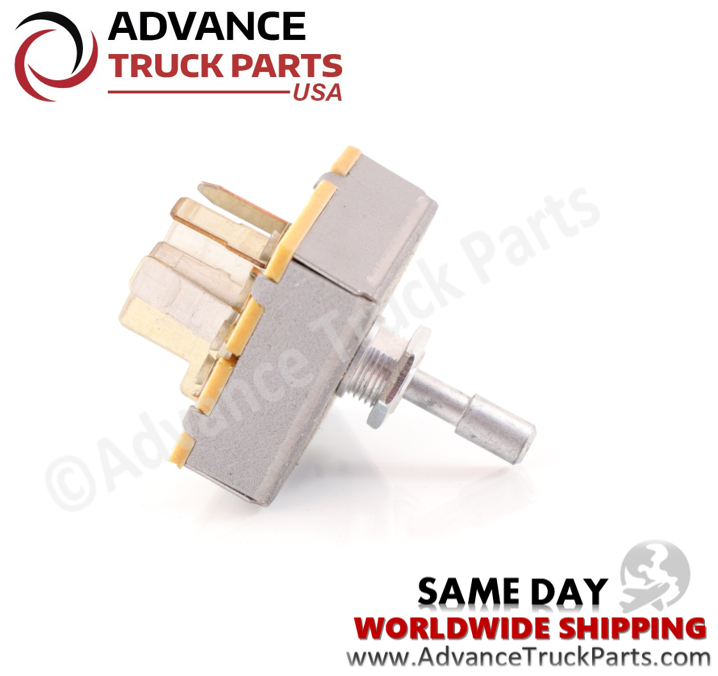 Advance Truck Parts USA 7787-650882 Mack truck fan blower A/C switch showcasing a clean studio perspective of the rotary switch housing and mounting shaft