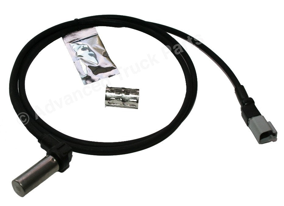 Advance Truck Parts USA Bendix 800715 right angle ABS sensor kit showing a clean studio perspective of the right-angle sensor probe, wiring harness, retainer clip, and dielectric grease packet