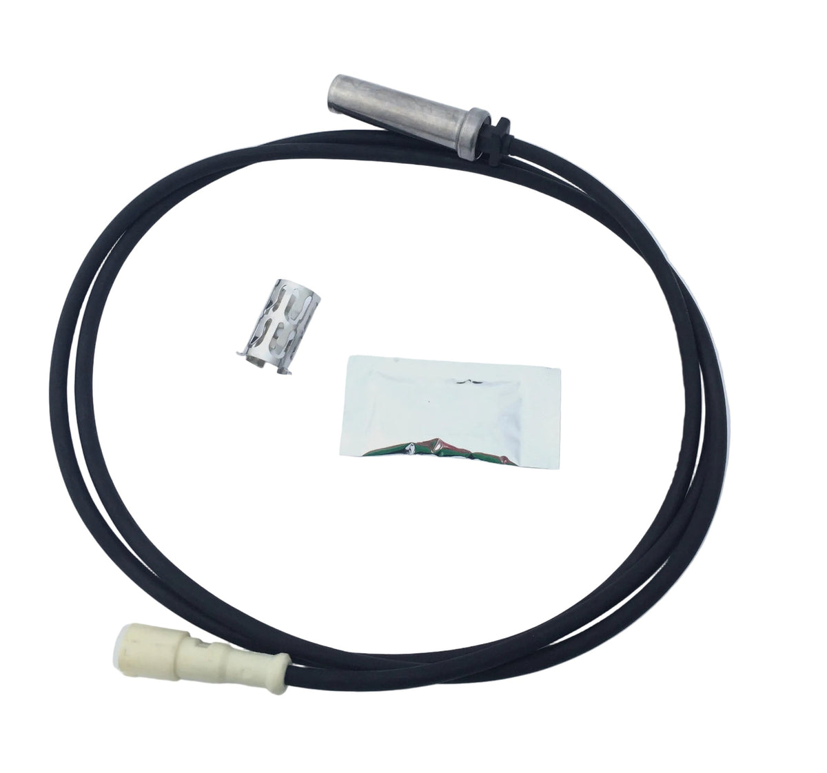 Advance Truck Parts USA 801543 straight ABS wheel speed sensor kit featuring 66-inch lead wire, stainless cylindrical probe, dielectric grease pouch, and retaining clip