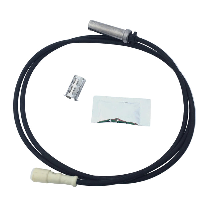 Advance Truck Parts USA 801543 straight ABS wheel speed sensor kit featuring 66-inch lead wire, stainless cylindrical probe, dielectric grease pouch, and retaining clip