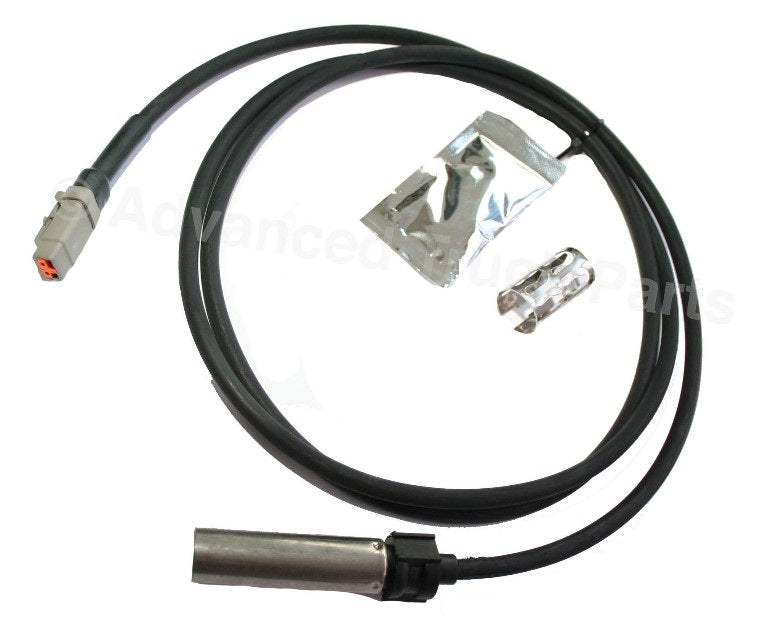 Advance Truck Parts USA 801563 straight ABS sensor kit showing a studio view of the sensor probe, 63-inch cable, dielectric grease packet, and retaining clip