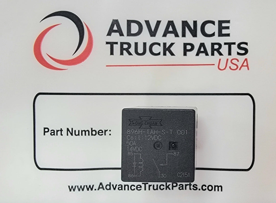 Advance Truck Parts USA 896H-1AH-S-T-001-12VDC Song Chuan automotive relay showing a top studio view of the wiring schematic label on a branded background