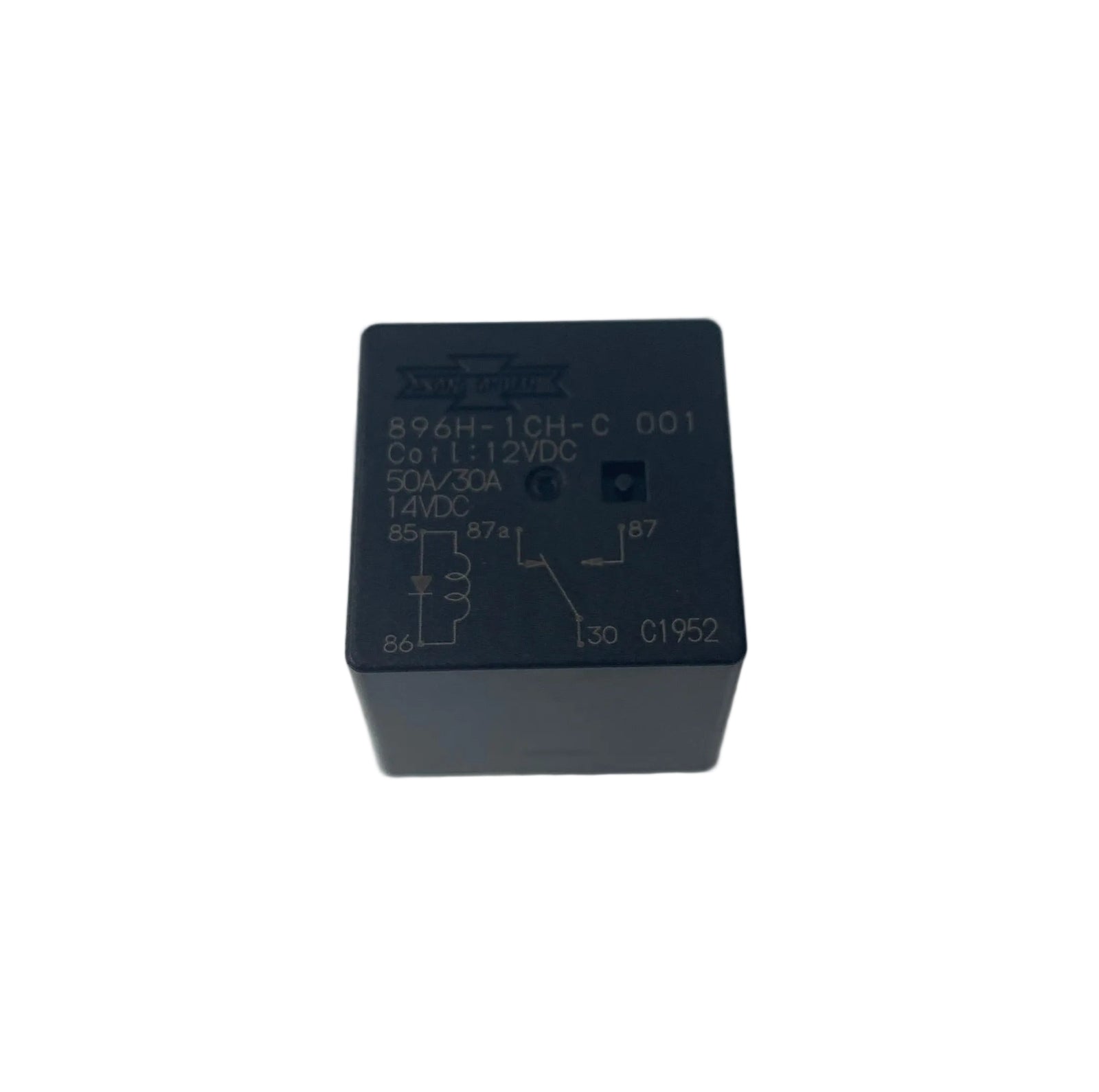 Advance Truck Parts USA 896H-1CH-C-001-12VDC Song Chuan ISO 280 micro relay showing a top studio view of the wiring schematic label and terminal designations on a plain background