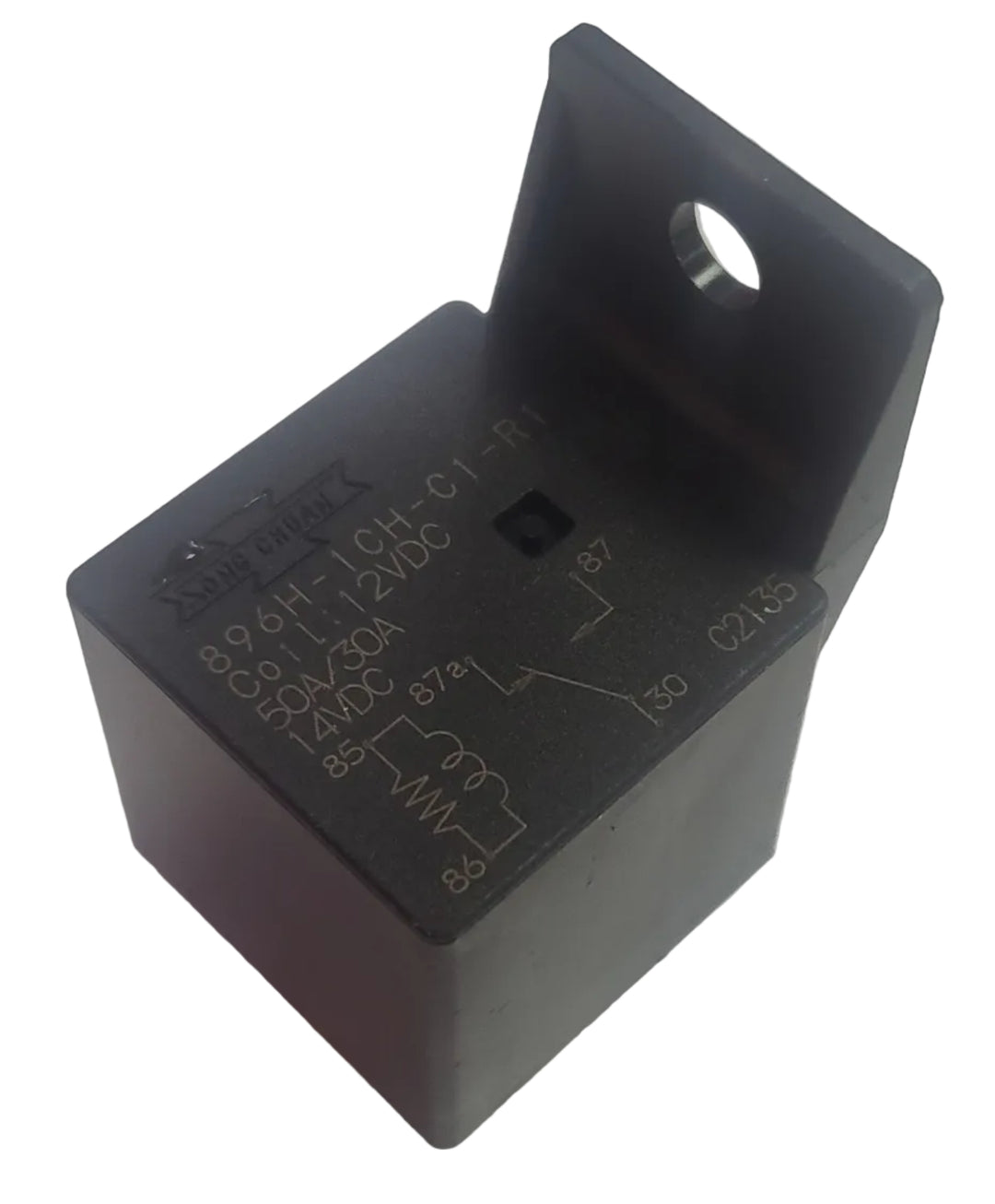 Advance Truck Parts USA Song Chuan 896H-1CH-C1-R1 12VDC 50A automotive relay showcasing the black rectangular housing, integrated top mounting bracket, and printed circuit schematic