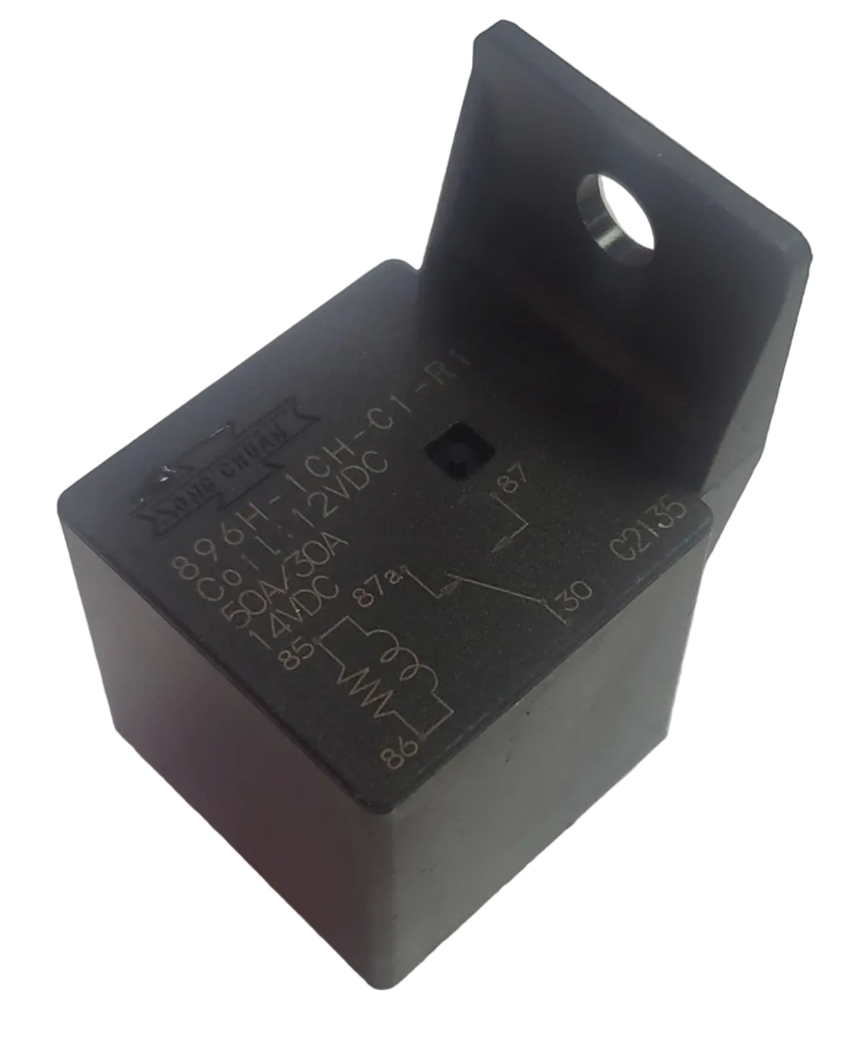 Advance Truck Parts USA Song Chuan 896H-1CH-C1-R1 12VDC 50A automotive relay showcasing the black rectangular housing, integrated top mounting bracket, and printed circuit schematic