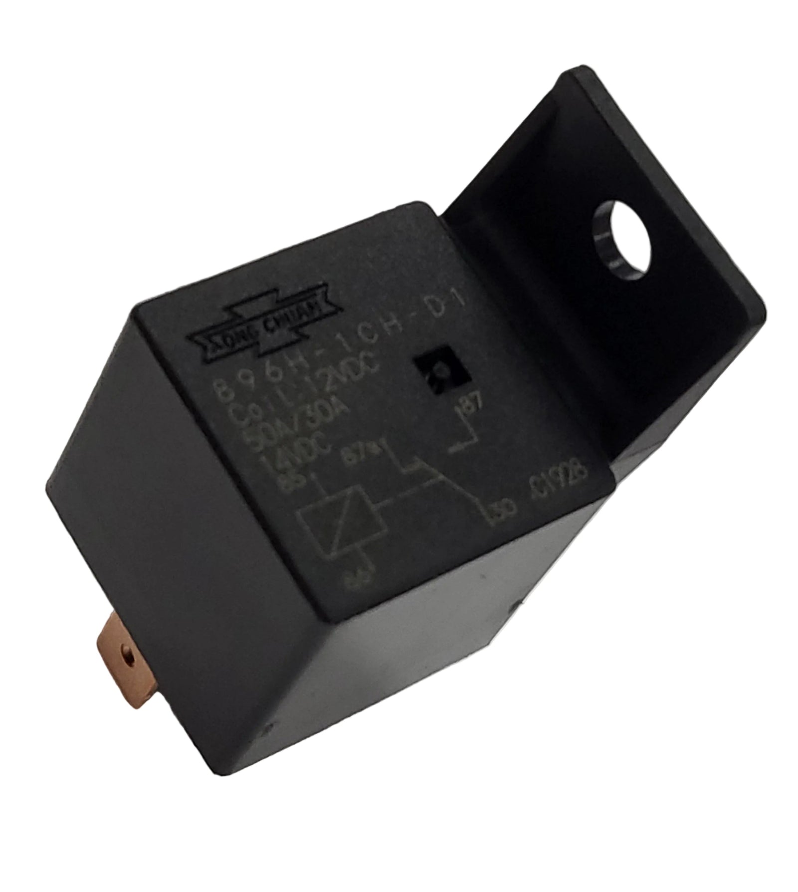 Song Chuan 896H-1CH-D1-12VDC automotive relay showing a clean studio view of the black housing, wiring diagram print, mounting flange with hole, and quick-connect terminal on a plain white background