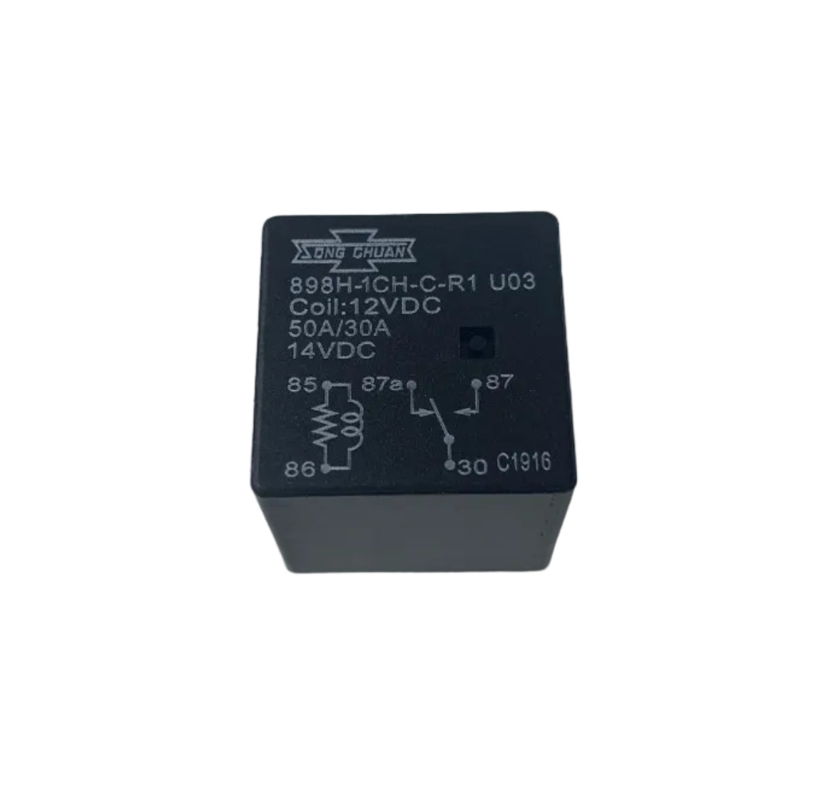 Song Chuan 898H-1CH-C-R1-12VDC automotive relay showing a clean studio view of the top housing with circuit diagram and pin configuration markings on a plain white background