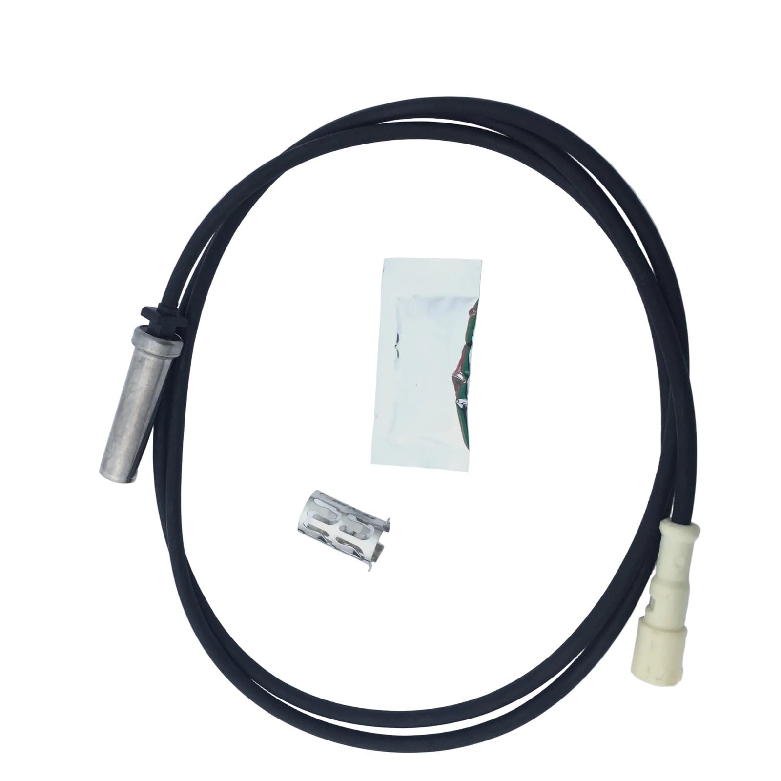 970-5012 ATP straight ABS sensor kit showing an overhead view of the 66-inch wired sensor probe, grease packet, and retaining clip on a plain white background
