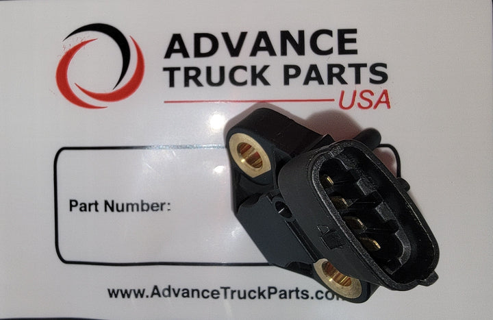 Advance Truck Parts Detroit Diesel pressure sensor showing a studio view of the 4-pin electrical connector and brass-lined mounting holes resting on an official product card background