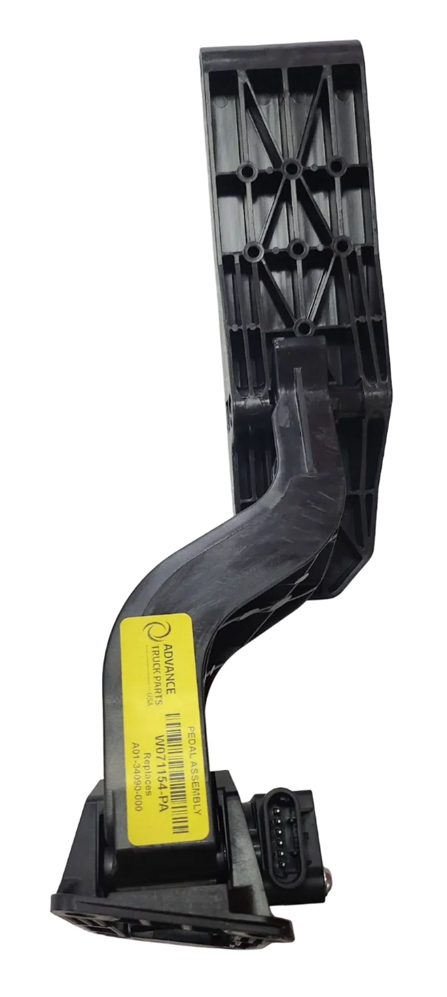 Advance Truck Parts USA A01-34090-000 accelerator pedal assembly showing a clean studio view of the black plastic pedal arm, integrated sensor, and mounting base on a plain background