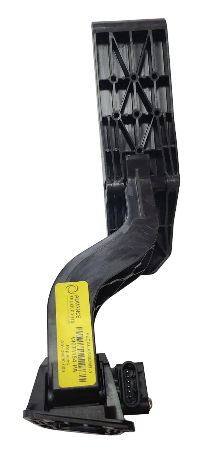 Advance Truck Parts USA A01-34090-000 accelerator pedal assembly showing a clean studio view of the black plastic pedal arm, integrated sensor, and mounting base on a plain background